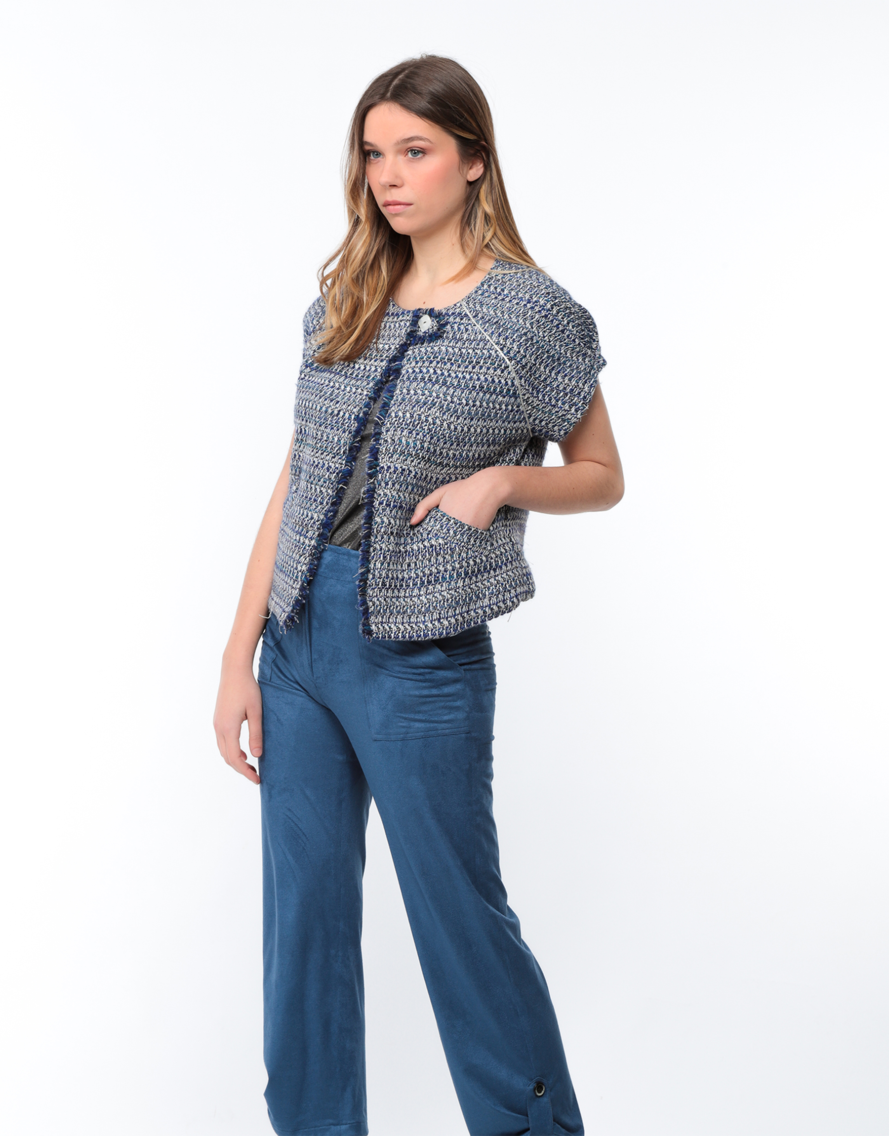 Short sleeve jacket in blue and white tweed 